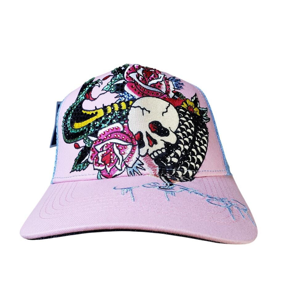 Ed Hardy Women's Women's Rhinestone‎ Skull Trucker Hat Pastel Pink Blue Mesh Y2K